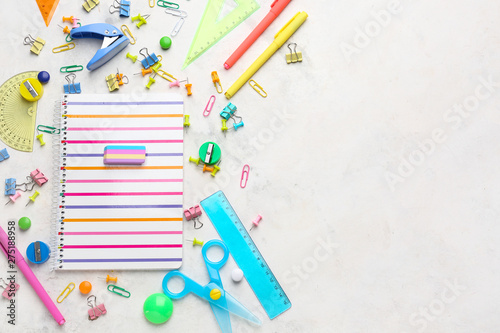 Different school stationery on light background