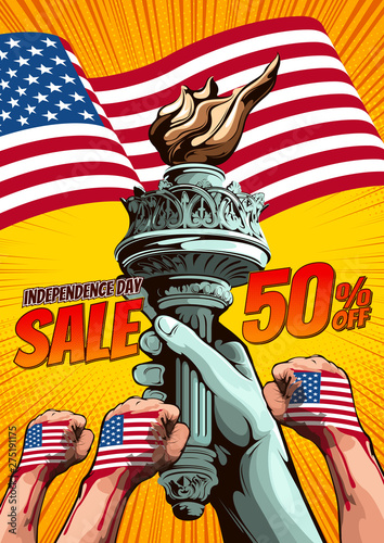 Hand of the Statue of Liberty, independence day sale, comic book cover template on yellow background, flyer brochure speech bubbles, doodle art, Vector illustration.