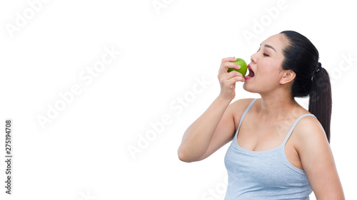 Fat woman eat fruits to lose weight. Healthy food.