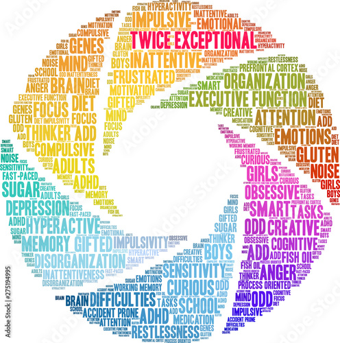 Twice Exceptional ADHD Word Cloud on a white background. 