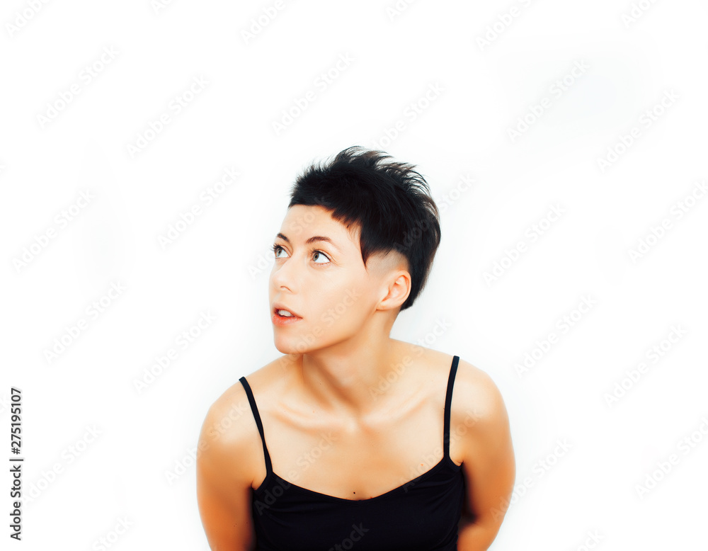 young pretty brunette girl with modern short haircut posing cheerful smiling isolated on white background, lifestyle people concept young pretty brunette girl with modern short haircut posing cheerful smiling isolated on white background, lifestyle people concept
