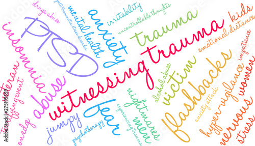 Witnessing Trauma Word Cloud on a white background. 