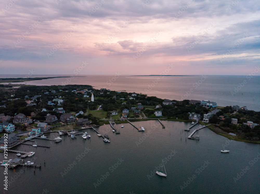 Aerial View of Ocracoke Harbor at Sunset