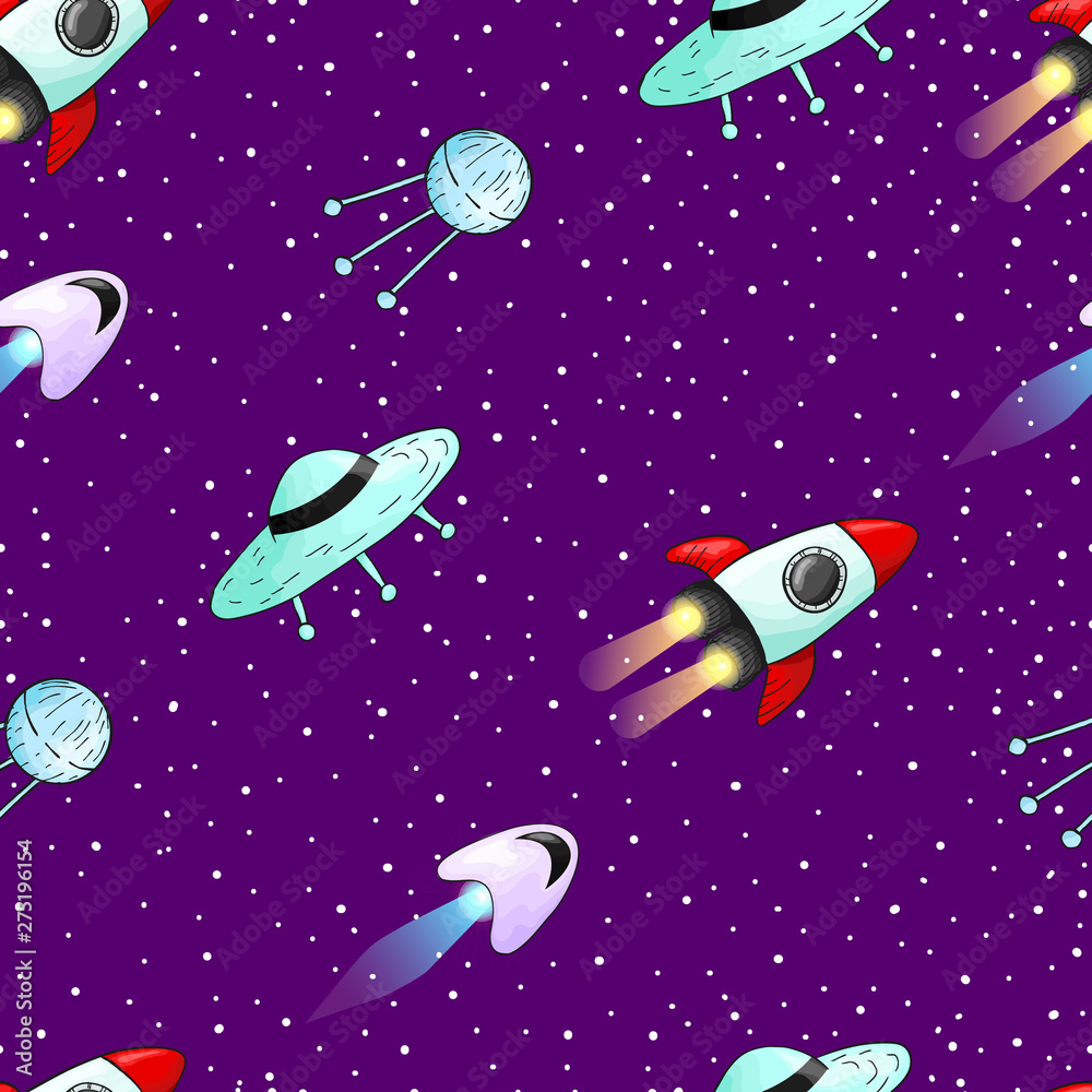 Naklejka premium Vector hand draw seamless pattern with childish cosmos elements planets, moon, rockets and stars with abstract shape. Repeater background with asteroids, satellite and spaceship in cartoons style