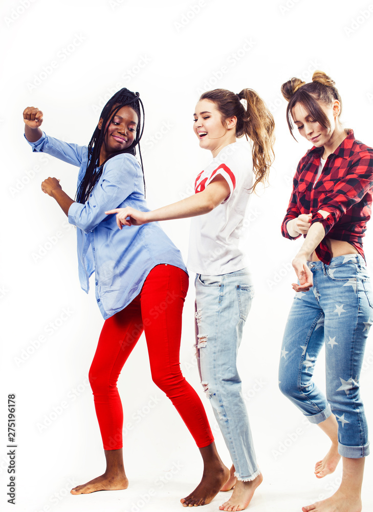 Fototapeta premium diverse multi nation girls group, teenage friends company cheerful having fun, happy smiling, cute posing isolated on white background, lifestyle people concept, african-american and caucasian