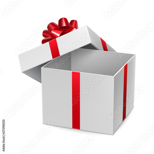 Opened white cube shaped gift box with shiny red ribbon. Valentine day elegant and romantic surprise with tape decoration. Side view of realistic empty container isolated on white vector illustration