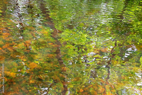 Fototapeta Naklejka Na Ścianę i Meble -  Green Orange and Blue Ripples on a River Detail. Abstract background. Water closeup. Wet pattern. Beautiful and unique. Peaceful nature. Summer warmth. 