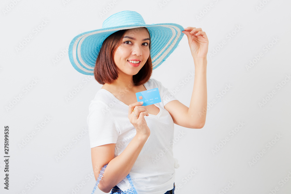 Woman in hat hand holding card Woman in hat hand holding card