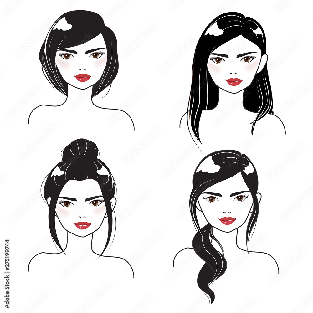 woman face portrait different hair style in silhouette black and white