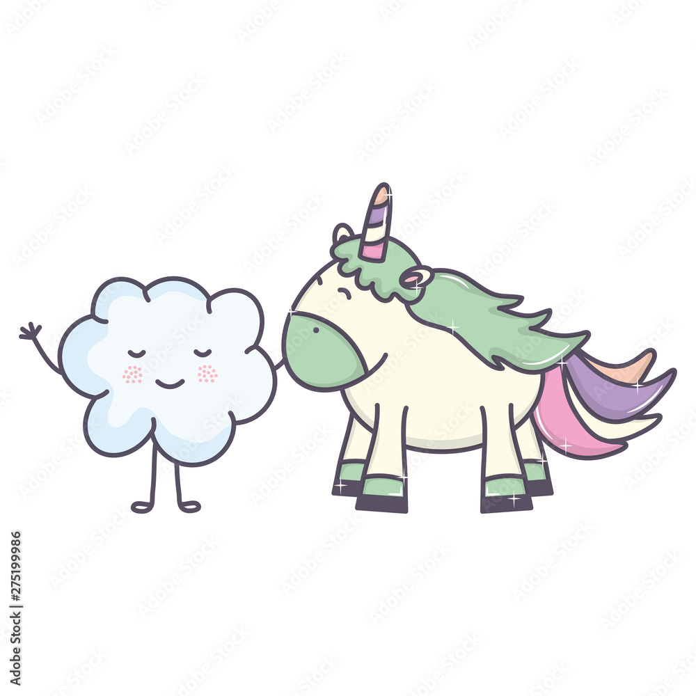 cute adorable unicorn and cloud kawaii fairy characters
