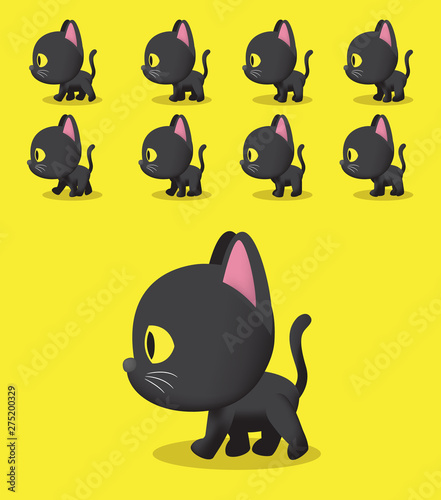 Big Head Black Cat Walk Cartoon 3D Animation Vector
