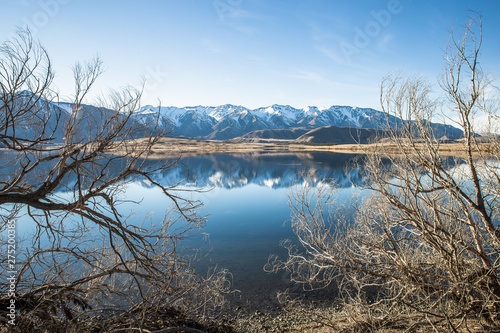 Lake Mountain Reflection Landscape  New Zealand travel destination   blue sky sunny day in nature