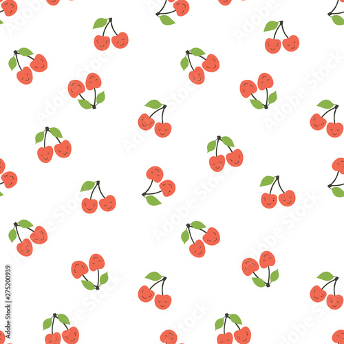 Kid's seamless pattern. Smiling cherry. Fruit fashion print. Design elements for baby textile or clothes. Hand drawn doodle repeating delicacies. Cute berry wallpaper for children