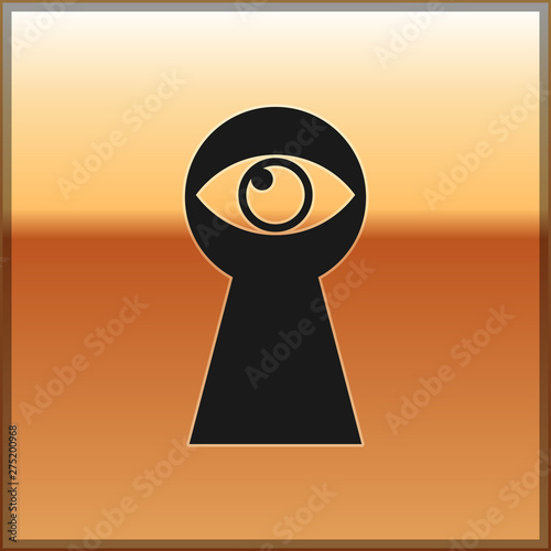 Black Keyhole with eye icon isolated on gold background. The eye looks into the keyhole. Keyhole eye hole. Vector Illustration