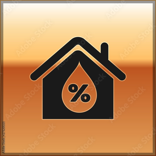 Black House humidity icon isolated on gold background. Weather and meteorology, thermometer symbol. Vector Illustration