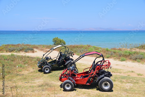 Two buggies standing on the beach