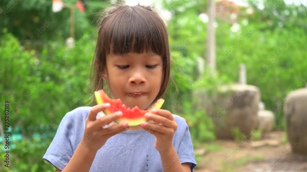 5 years old Asian girl eating watermelon deliciously 5 years old Asian girl eating watermelon deliciously