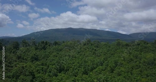 flying above forest by drone with opening panoramic view of national park and mountains on horizon photo