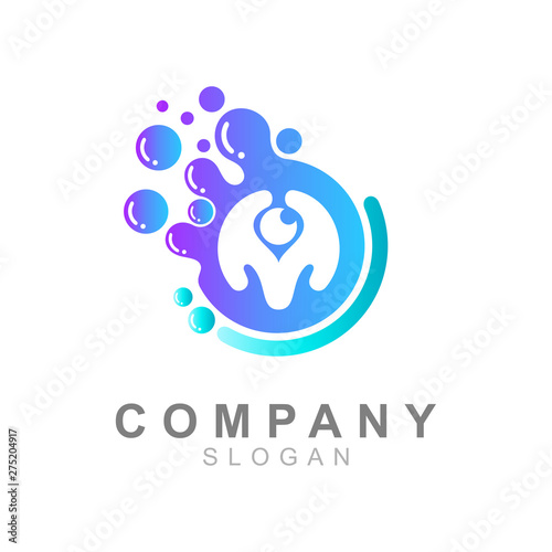  M letter logo that is in the circle of water and there is a ball eye, logo ready to use