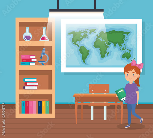 girl student in the classroom with global map