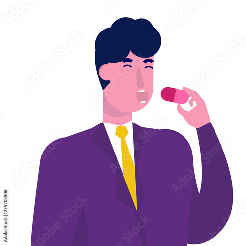 Sick man swallow big pill in his hands.  Vector illustration