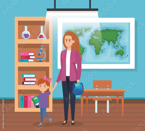mother with girl student with books and global map