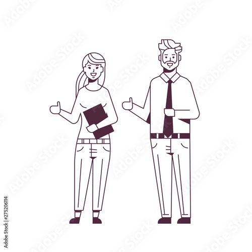 happy businesspeople man woman holding hand with thumb up gesture couple coworkers standing together successful teamwork concept sketch line style full length