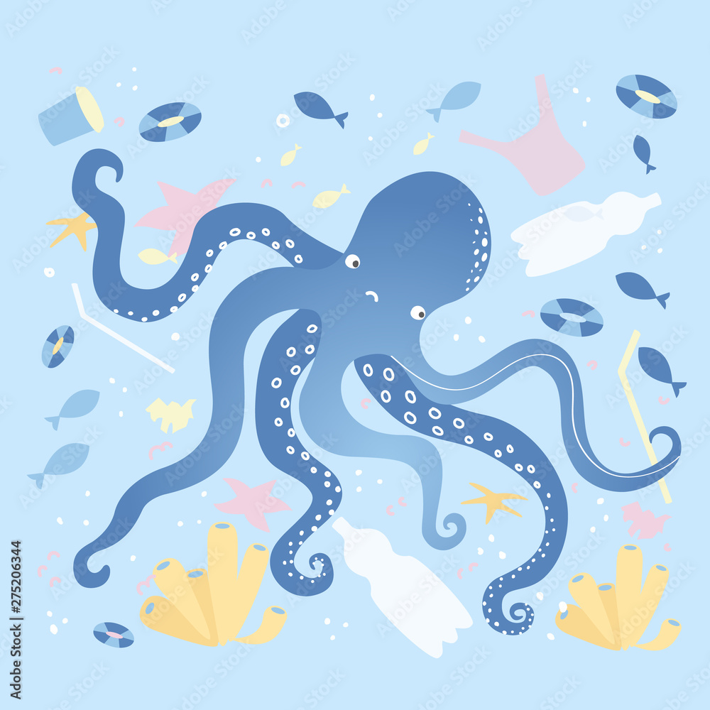 Water pollution ecology concept. Sea inhabitants suffer from plastic, straws and dirty ocean or sea. Octopus swimming in a polluted water, full of garbage and trash.