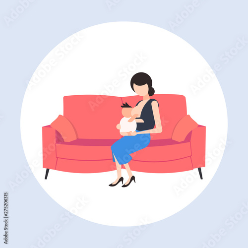 young mother breastfeeding her newborn baby woman sitting on couch with little child motherhood nutrition lactation concept flat full length