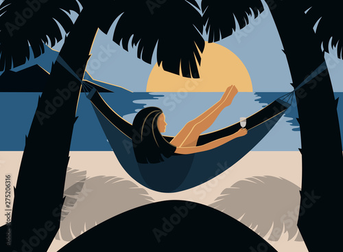 Woman chilling in hammock between palm trees. Girl relaxing at sunrise. Beach vacation on tropical beach illustration, summer holiday vector.