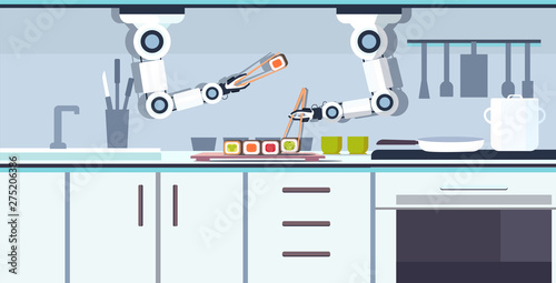 smart handy chef robot preparing sushi using chopsticks robotic assistant innovation technology artificial intelligence concept modern kitchen interior flat horizontal