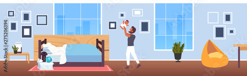 man lifting up his little baby father and son playing having fun happy family fatherhood concept modern bedroom interior cartoon character full length flat horizontal vector illustration