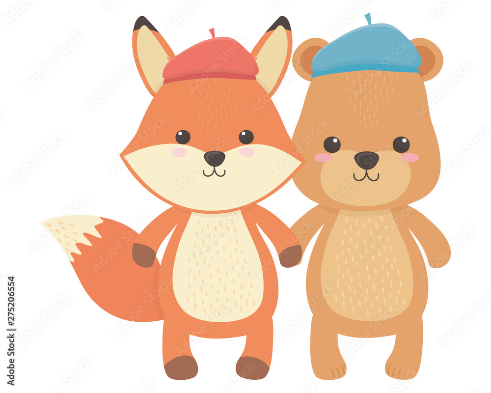 Fox and bear cartoon with hat design Fox and bear cartoon with hat design