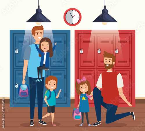 fathers with girls and boy students with backpack