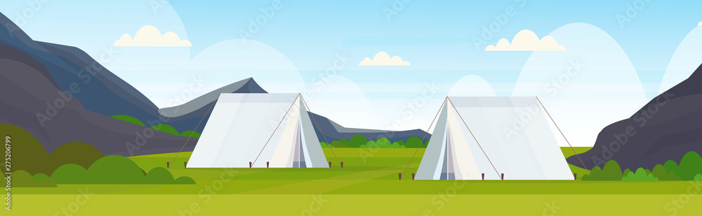 tent camping area campsite summer camp travel vacation concept mountains landscape beautiful nature background flat horizontal