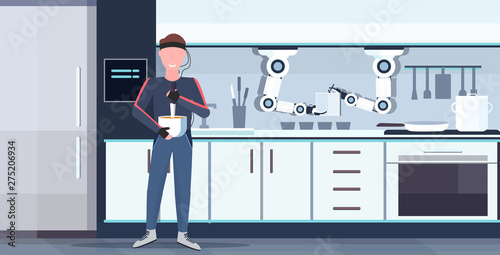 man humanoid with wires electrodes indicators controlling smart handy chef robot preparing food robotic assistant innovation artificial intelligence concept modern kitchen interior flat horizontal