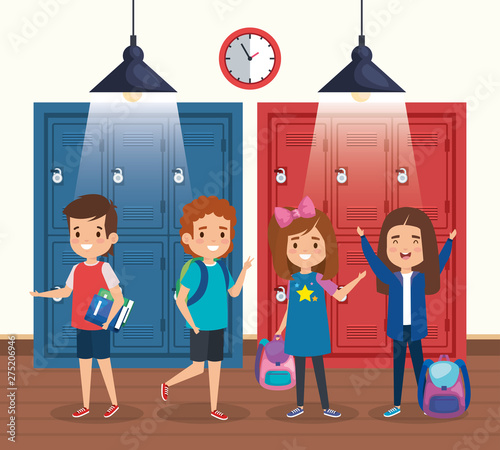 girls and boys students with backpack and lockers with clock