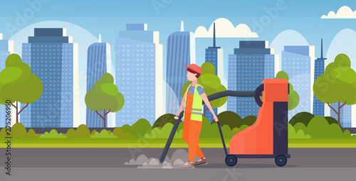 male street janitor holding industrial vacuum cleaner man vacuuming garbage streets cleaning service concept modern cityscape background full length flat horizontal