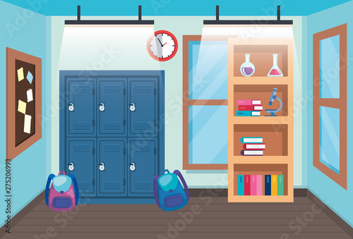 classroom with lockers and backpacks with bookcase and clock