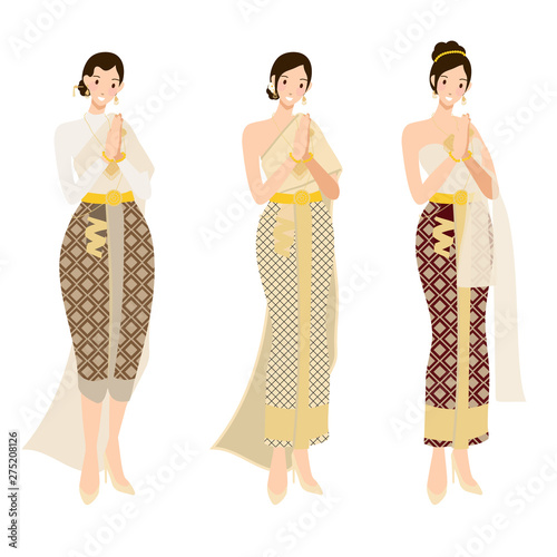 Thai woman in beautiful traditional wedding dress pay respect or greeting flat style