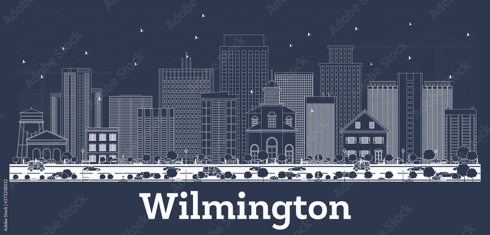 Outline Wilmington Delaware City Skyline with White Buildings.