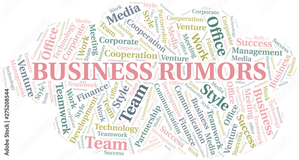 Business Rumors word cloud. Collage made with text only.