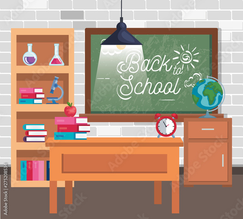 blackboard with books and erlenmeyer flask in the classroom