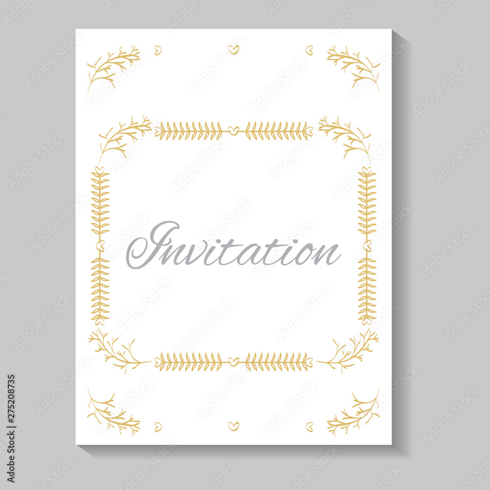 invitation card with square frame leafs golden calligraphy