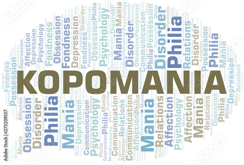 Kopomania word cloud. Type of mania, made with text only.