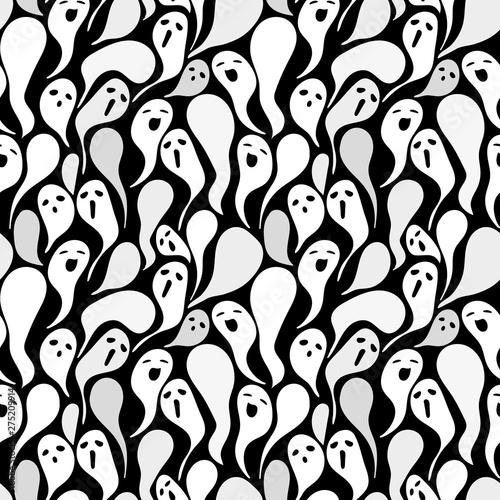 A seamless vector halloween pattern with spooky ghost silhouettes on black background. Surface print design.
