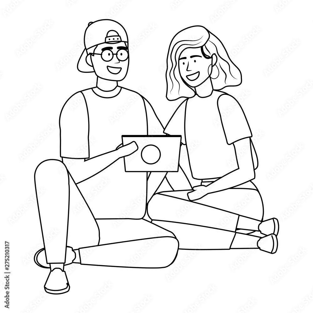 Couple of woman and man with device design Couple of woman and man with device design