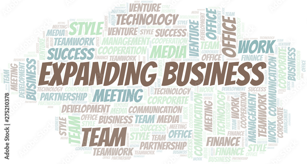 Expanding Business word cloud. Collage made with text only.