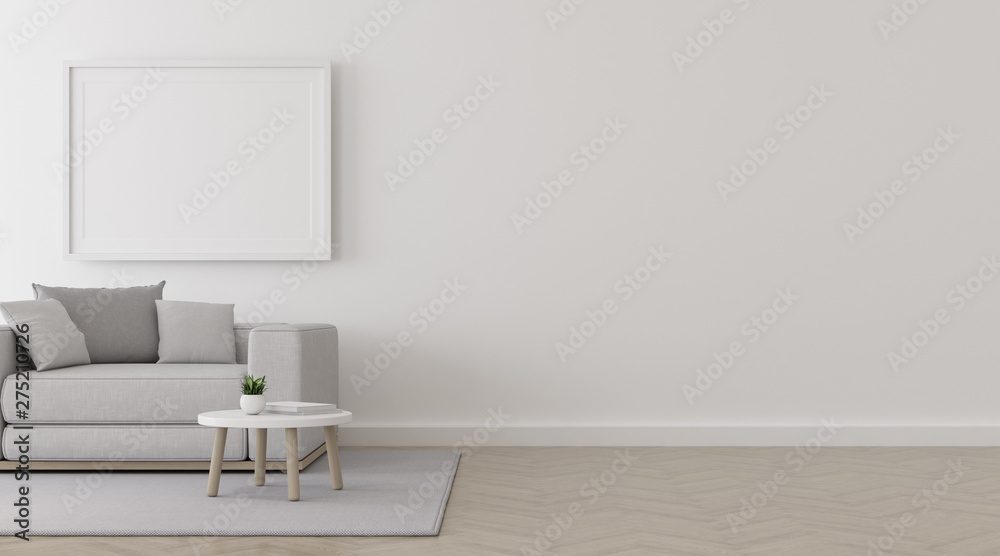 View of living room space with white sofa set and picture frame on white wall and bright laminate floor.Perspective of minimal Interior design. 3d rendering. - obrazy, fototapety, plakaty 