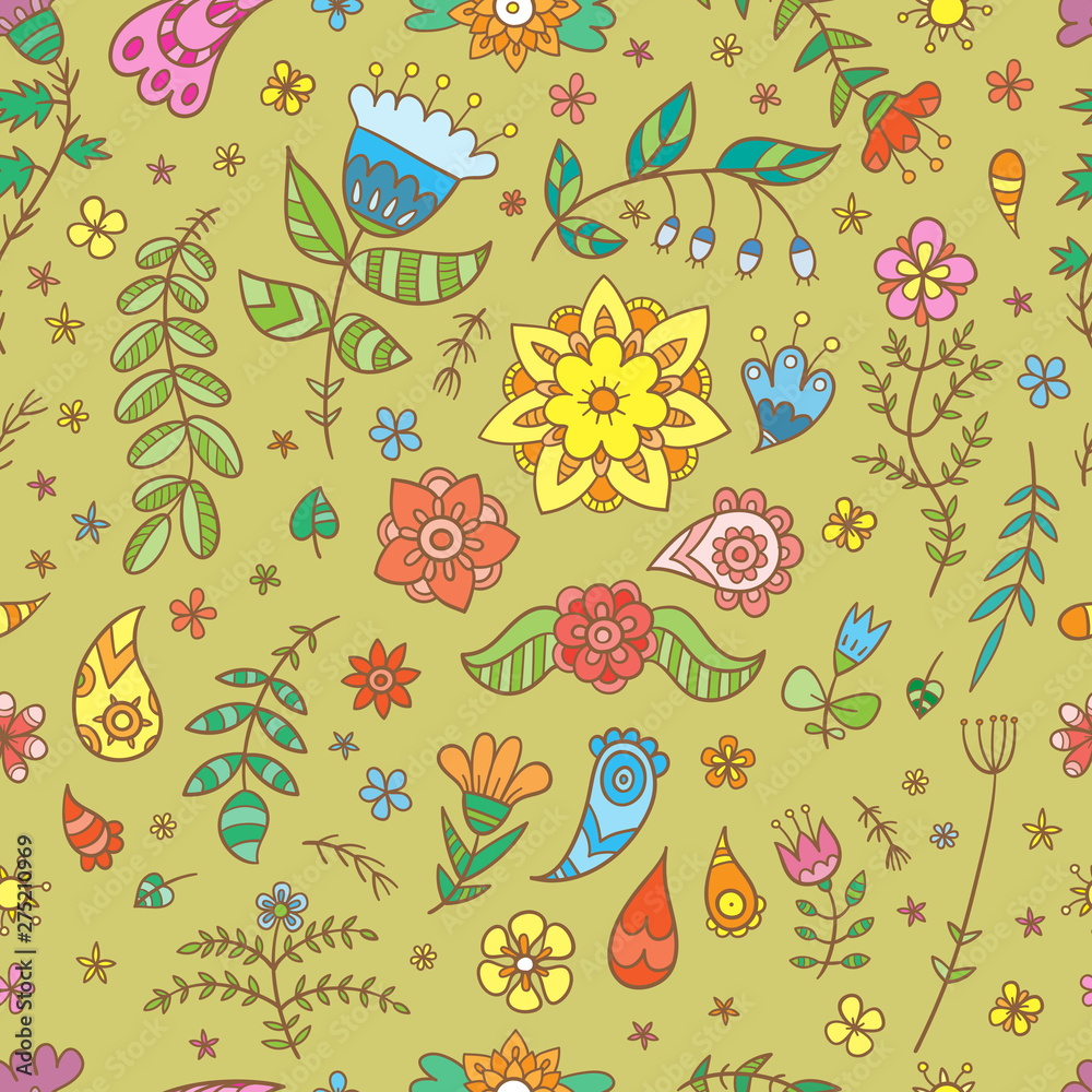 Summer floral seamless pattern with leaves and flowers. Vector contour colorful image.